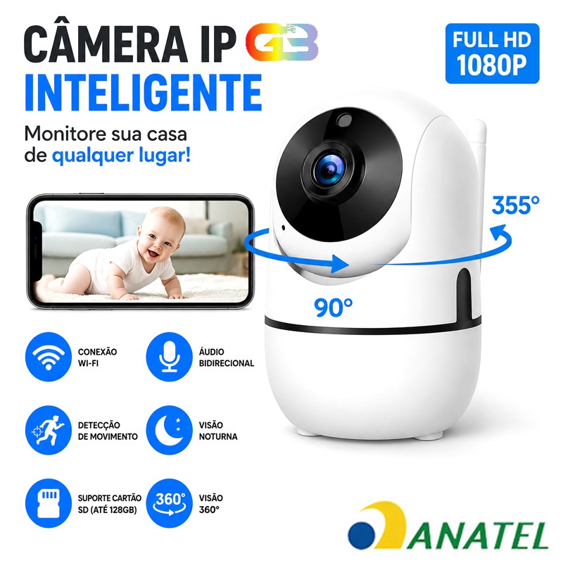 Câmera Segurança 360° 1080P WiFi Auto Tracking Visão Noturna Áudio Bidirecional P04