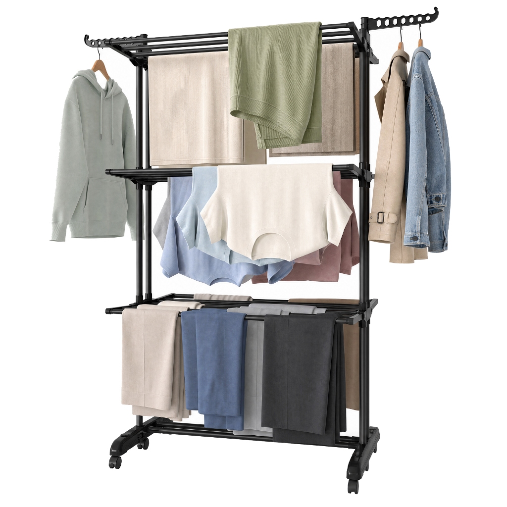 Imagem SONGMICS Secador de Roupas Dobrável com Rodas INOX, Suporte de 4 Níveis, para Lavanderia, Fácil Montagem, Grande, Preto