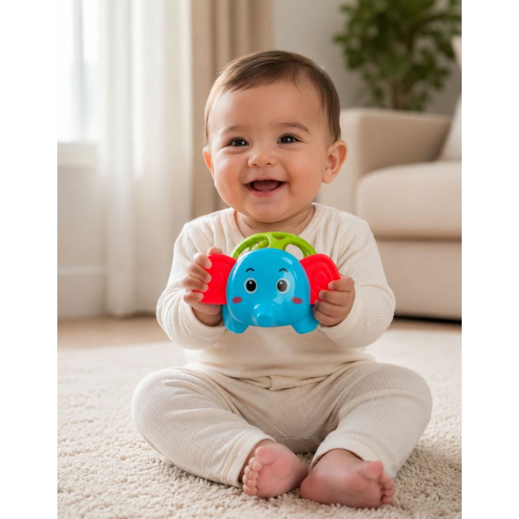 Brinquedo Sensorial Elefantinho Chocalho Mordedor para Bebê +4 Meses Estimula Coordenação e Dentição