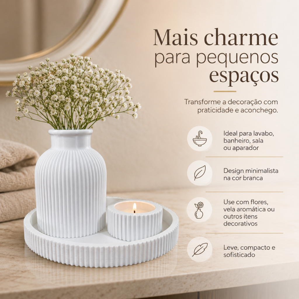 Kit Decorativo Vaso Branco Com Bandeja E Porta Vela Para Sala Banheiro Lavabo