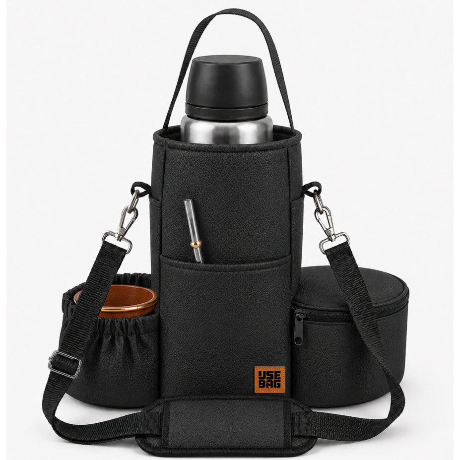 Bolsa Mateira para Chimarrão Couro Reforçado Porta Cuia Garrafa com Alça