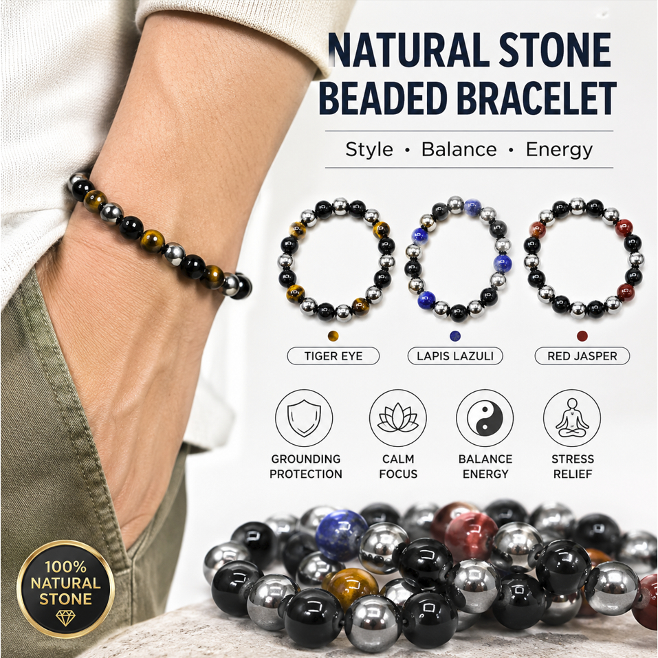 Pulseira Pedra Natural Mix Hematita, Olho de Tigre e Onix Cura Energia Bolinhas Hematita