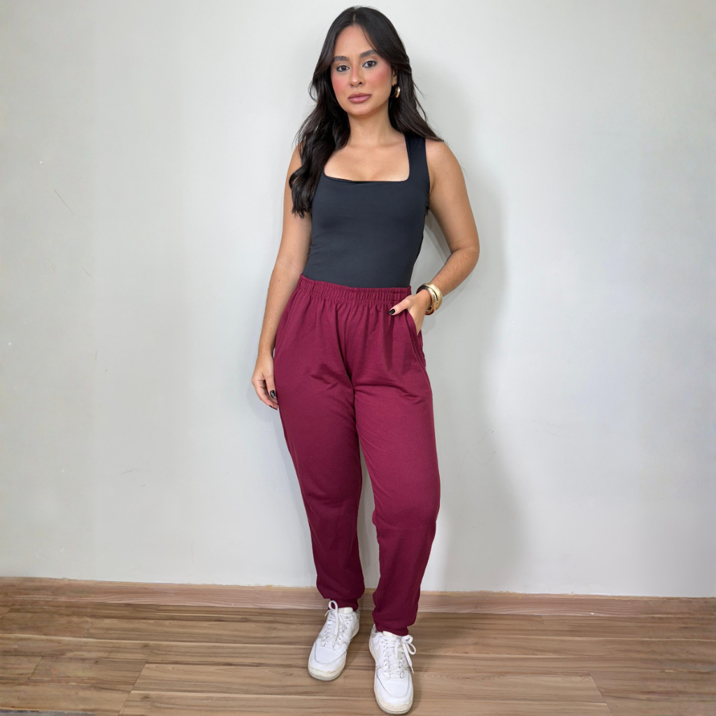 Calça De Moletinho Feminina Jogger Com Punho Em Ribana Bolso Lateral Elástico Casual Confortável