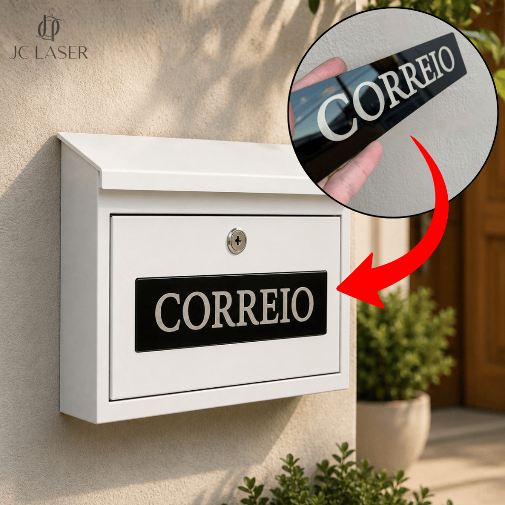 Placa Correio Acrílico Preto 20x5cm Gravada A Laser Fita Dupla Face Para Caixa De Correio Parede