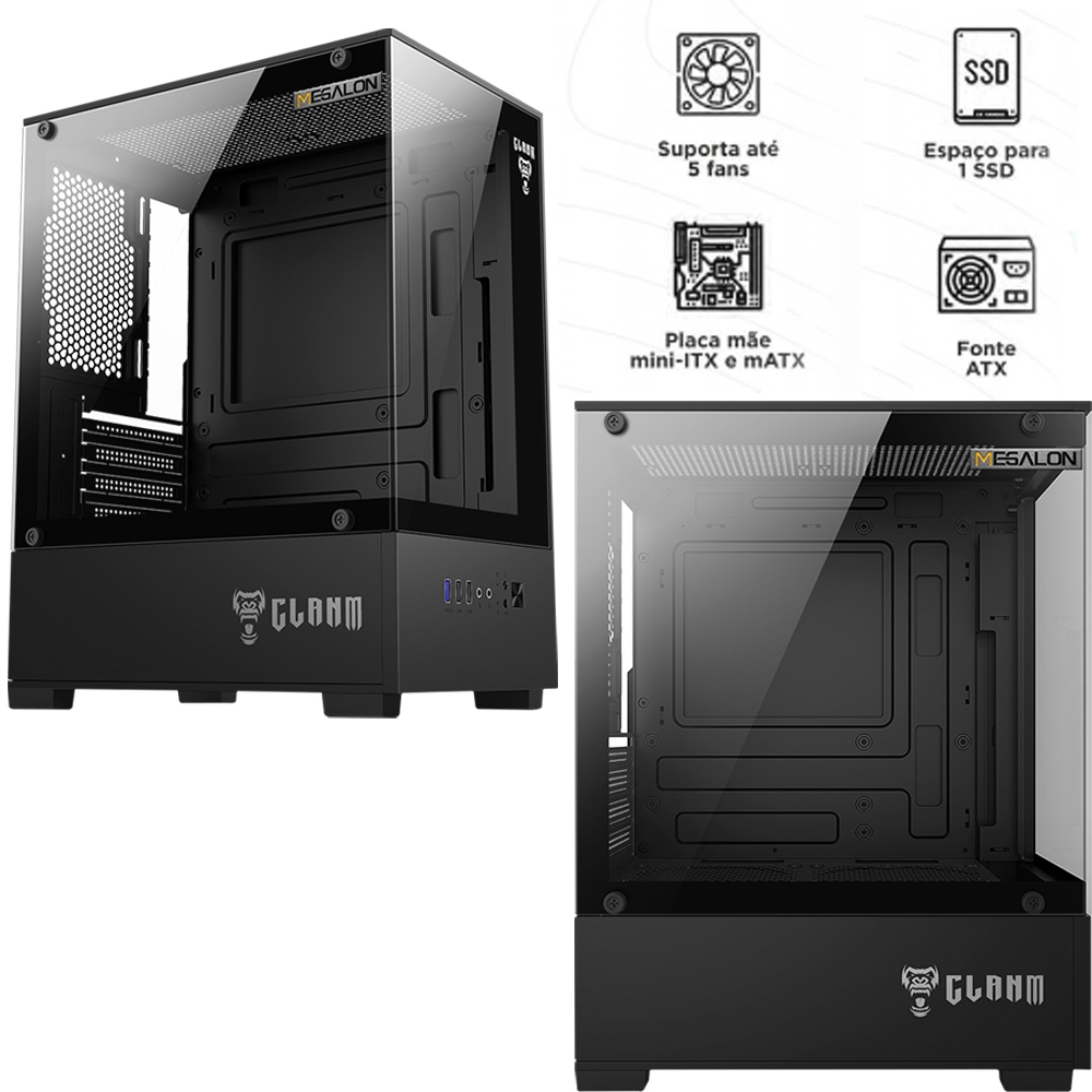 Gabinete Gamer Clanm Megalon Preto Vidro Temperado Mini Tower Aco SPCC Suporta ATX e Micro-ATX PC