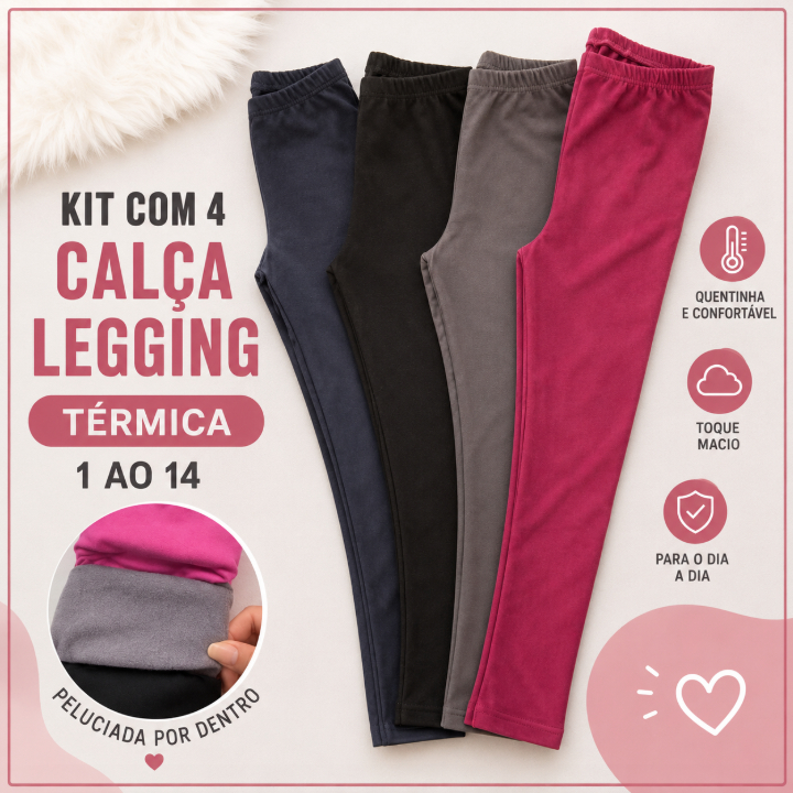 Kit 4 Calça Legging Leg Térmica Flanelada Peluciada Infantil Menina 1 ao 14 Anos