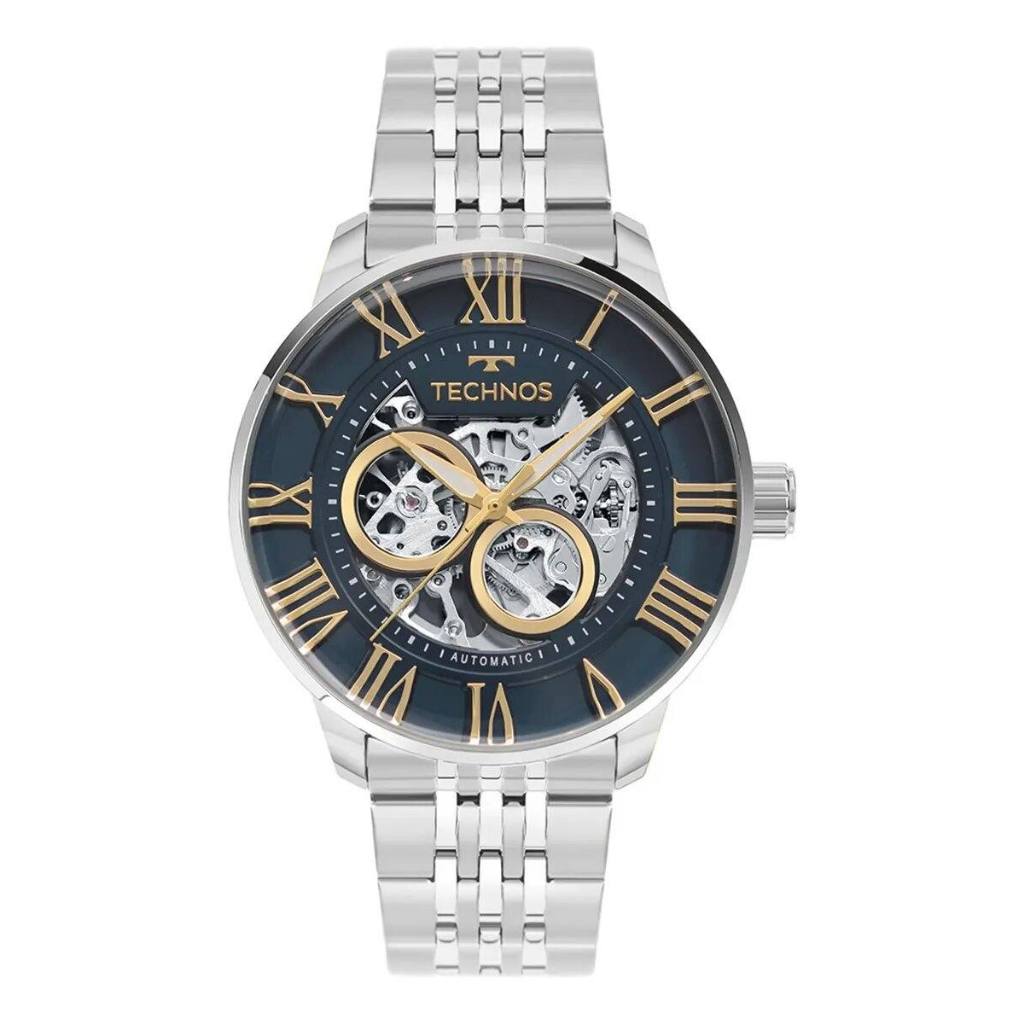 Relógio Masculino Technos Automático Skeleton Esqueleto Prata Aço Inox Mostrador Azul Original G3265AS1A