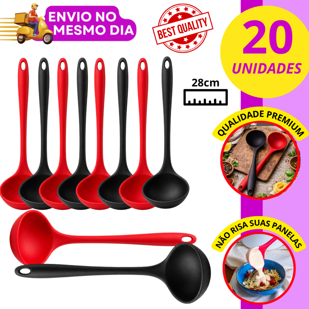 KIT 10/20 Concha de Silicone Premium 29cm Antiaderente Resistente ao Calor Não Risca Panelas Utensilio de Cozinha
