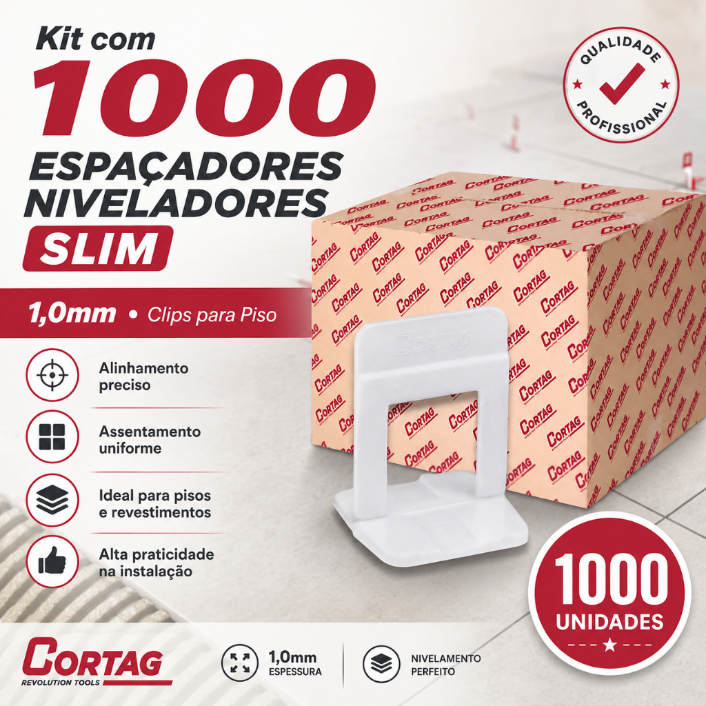 Kit Com 1000 Espaçador Nivelador Slim 1,0mm Clips Piso Cortag