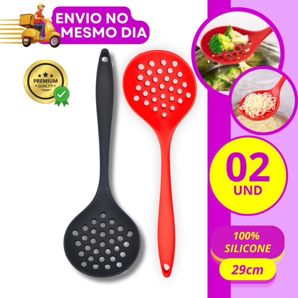 KIT 1/2 Escumadeira em Silicone Premium Antiaderente Resistente Não Risca Panelas Utensílio de Cozinha Profissional