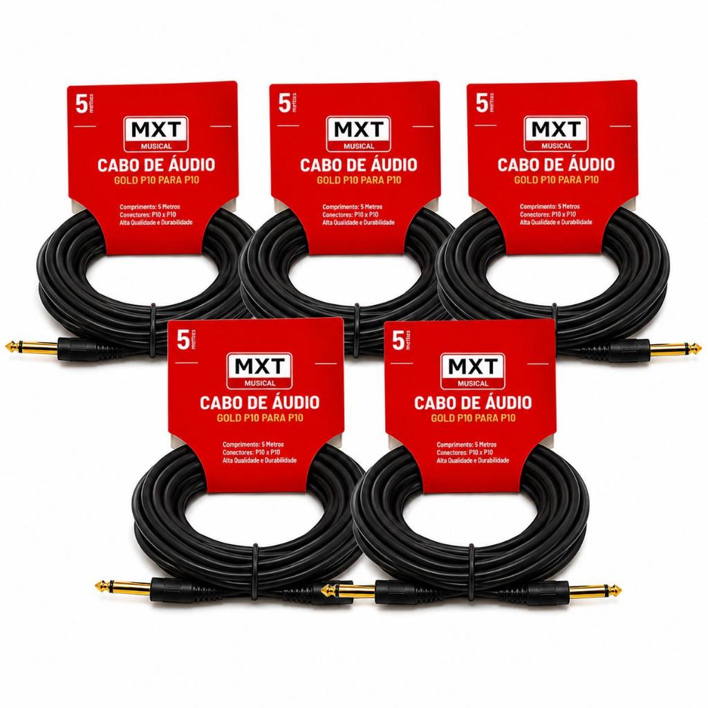 Kit 5 Cabos P10 Mono 5 Metros MXT Gold Para Guitarra Violão Teclado Atacado Premium