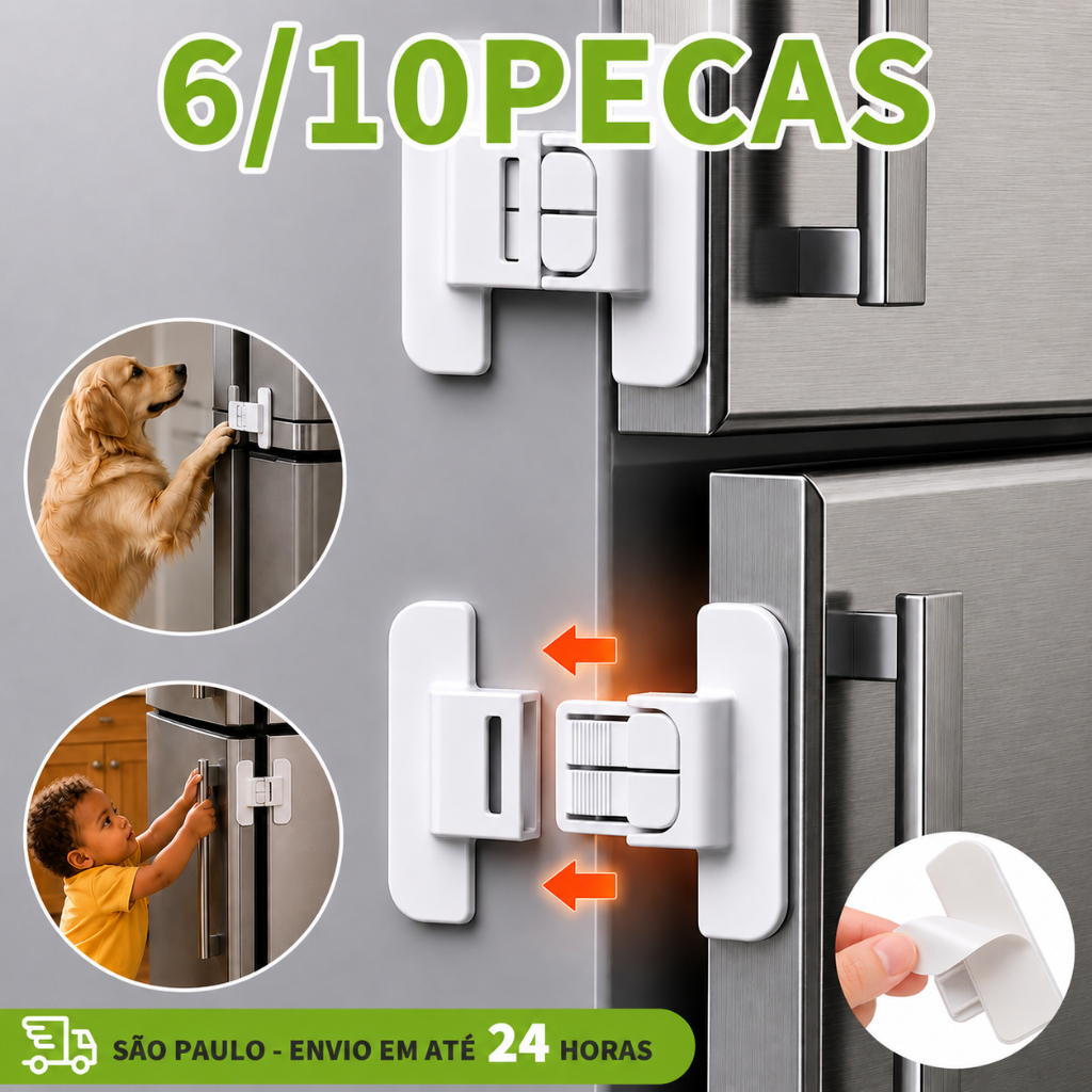 Kit 6/10 Trava de Segurança Para Geladeira Gavetas Multiuso Adesiva Protetor Infantíl Fechadura Porta Armário