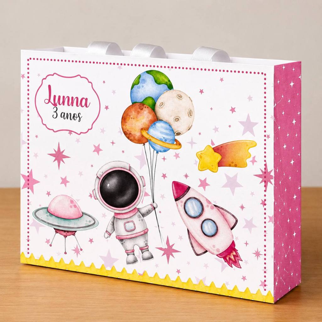 Sacola M Personalizada Astronauta Menina Rosa Lembrancinha Aniversário Infantil