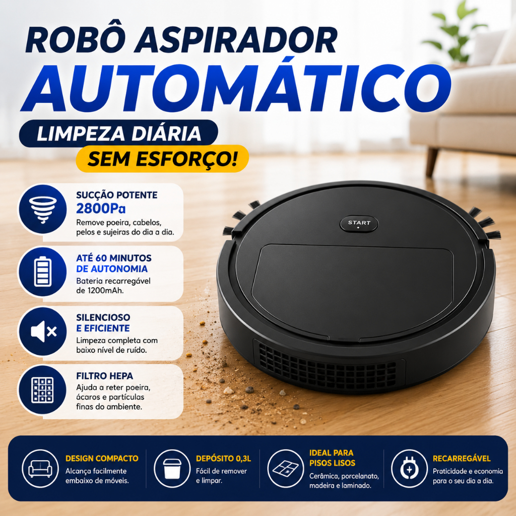 Robô Aspirador de Pó Automático Recarregável 110v Sensor Obstáculos HEPA Silencioso Casa