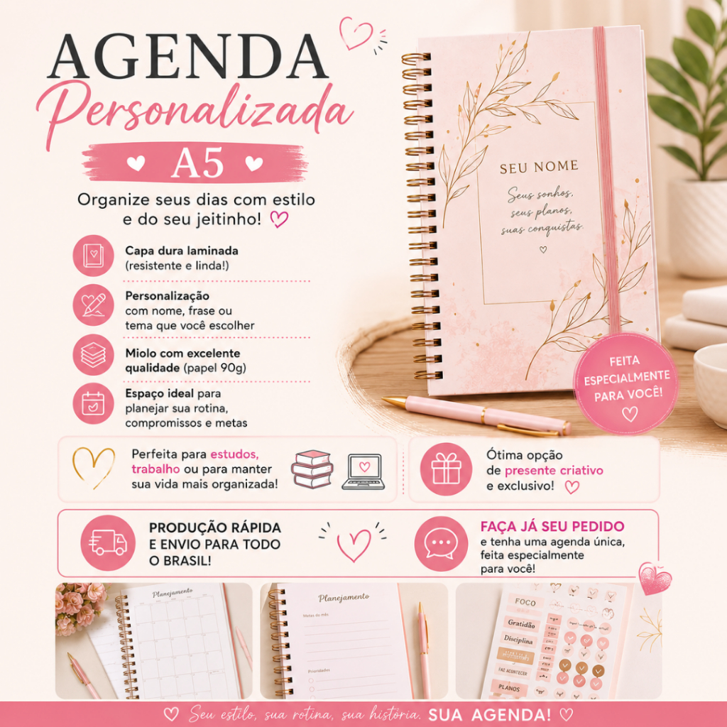Agenda A5 2026 ou 2027 - com capa personalizada