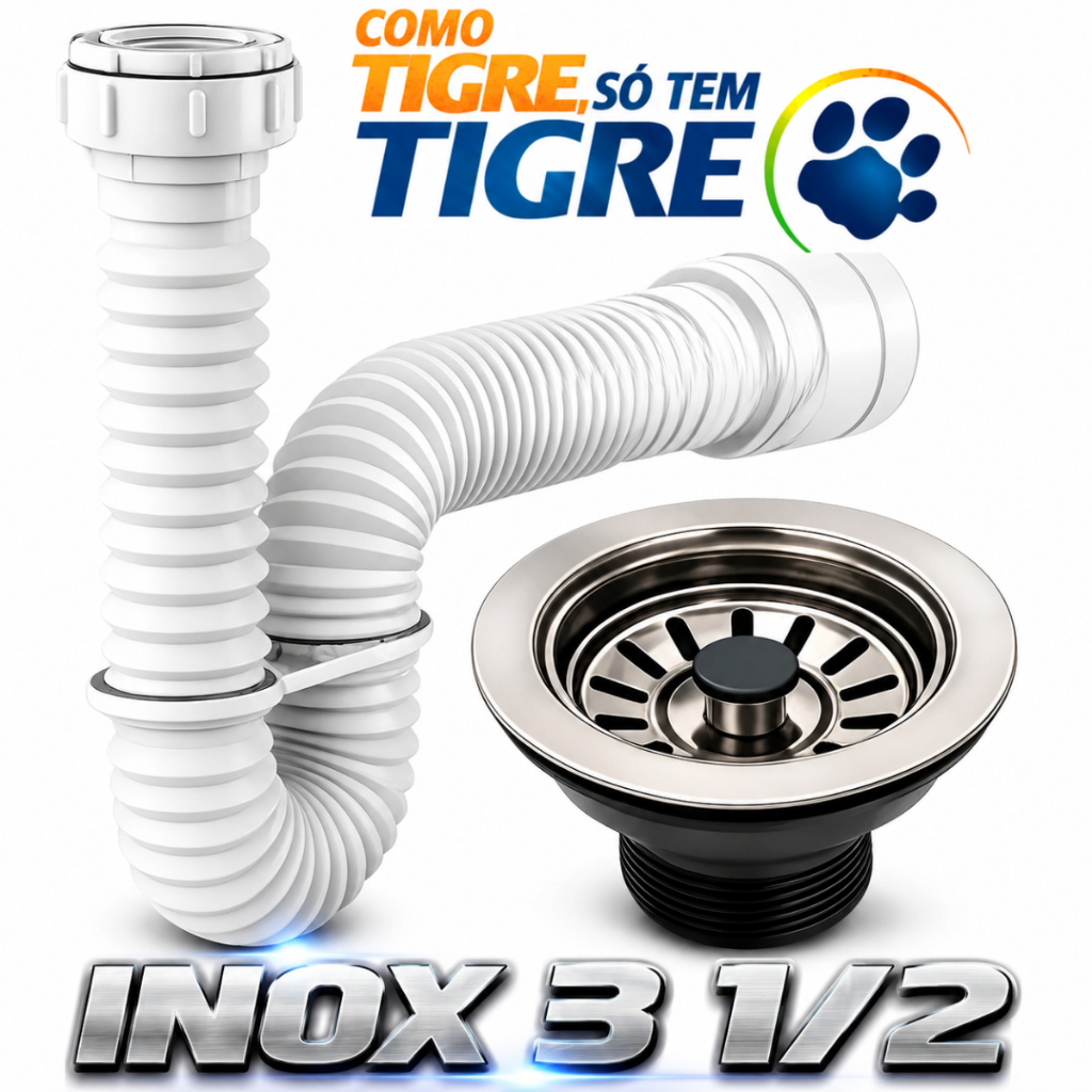 Sifão Sanfonado Tigre + Válvula Pia Cozinha Gourmet Válvula Americana 3.1/2'' em Aço Inox Válvula Cuba