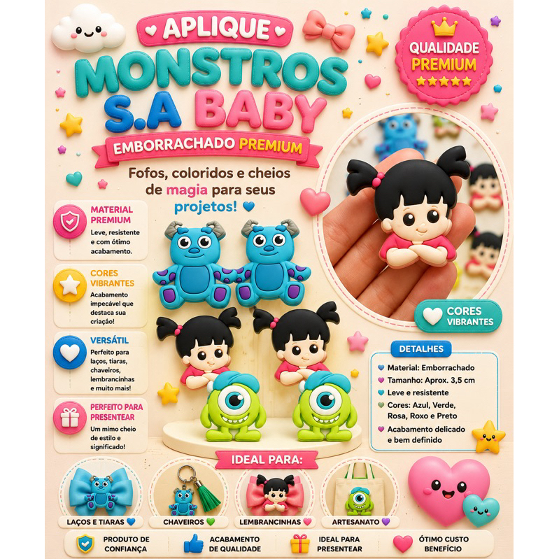 Aplique Emborrachado Monstro SA Baby Infantil Laços Tiaras Prendedores Artesanato DIY