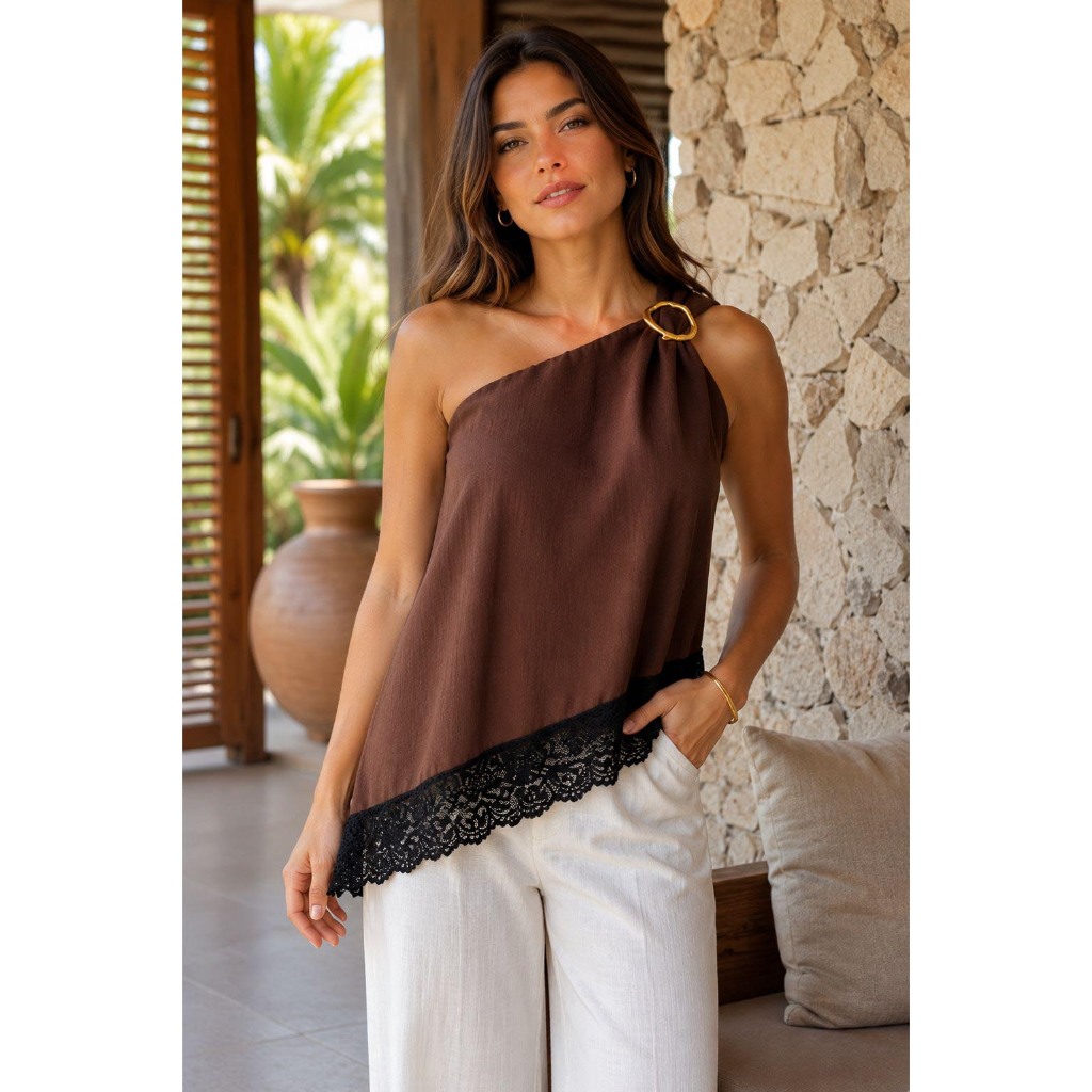 Blusa Assimétrica com Argola Dourada Feminina Elegante com renda