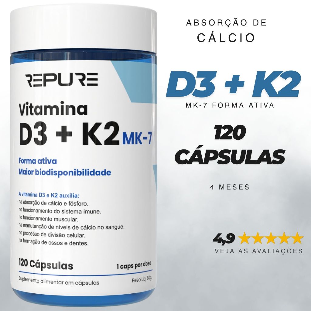 Vitamina D3 + K2 MK7 120 Cápsulas