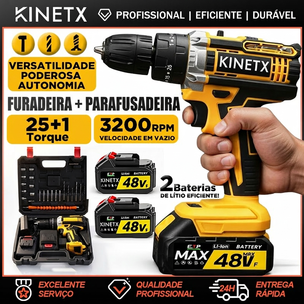 Furadeira Parafusadeira Sem Fio 48Vf 2 Baterias Maleta Brushless Acessorios Profissional 3/8 10mm l KINETX