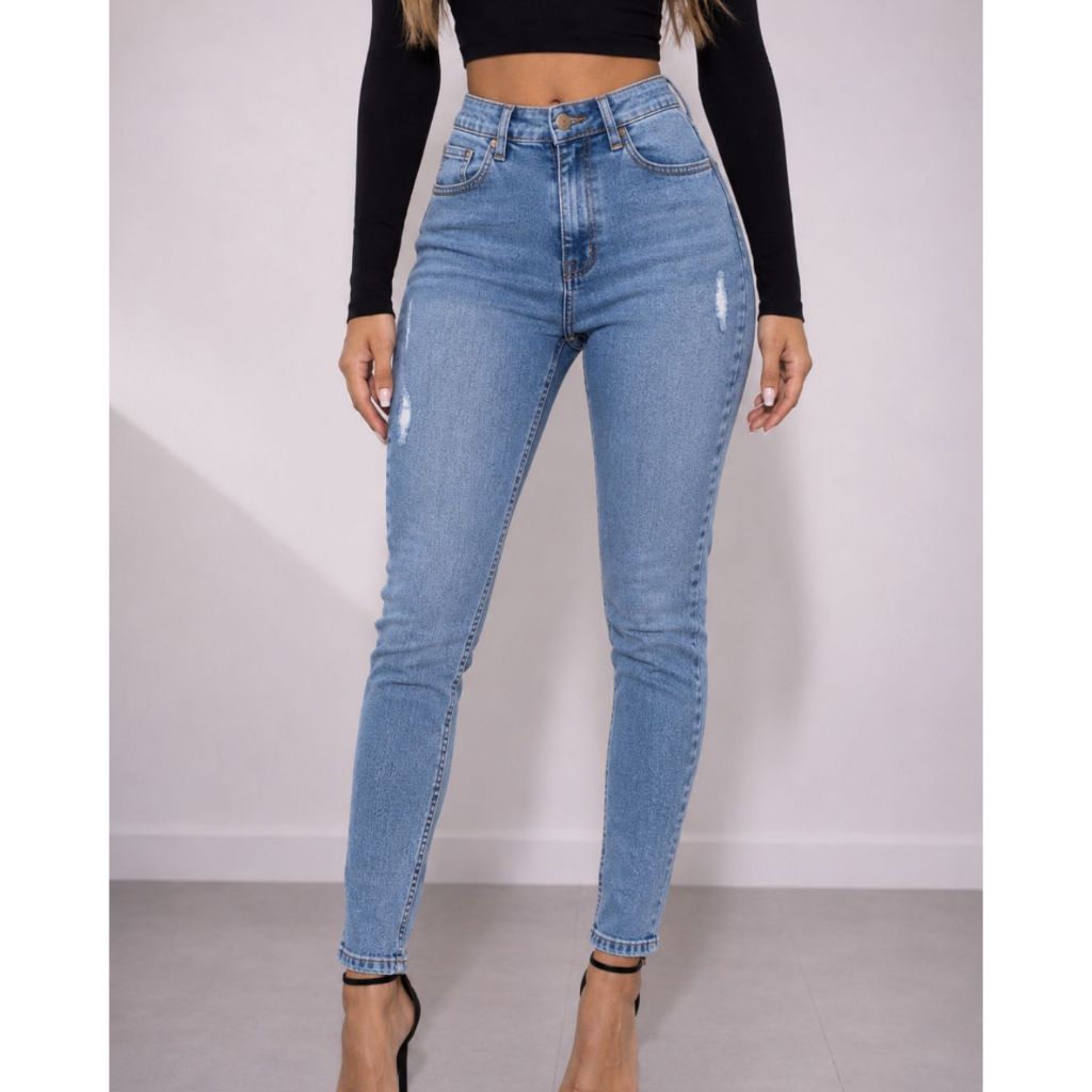 Calça Denim Jeans Azul Pala Levanta Bumbum Feminina Com Elastano Cintura Alta