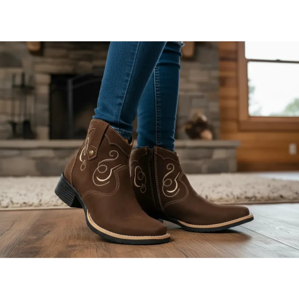 Botina Feminina Zebu 71155 Texana Cano Curto Bordada Café Bico Quadrado Bota