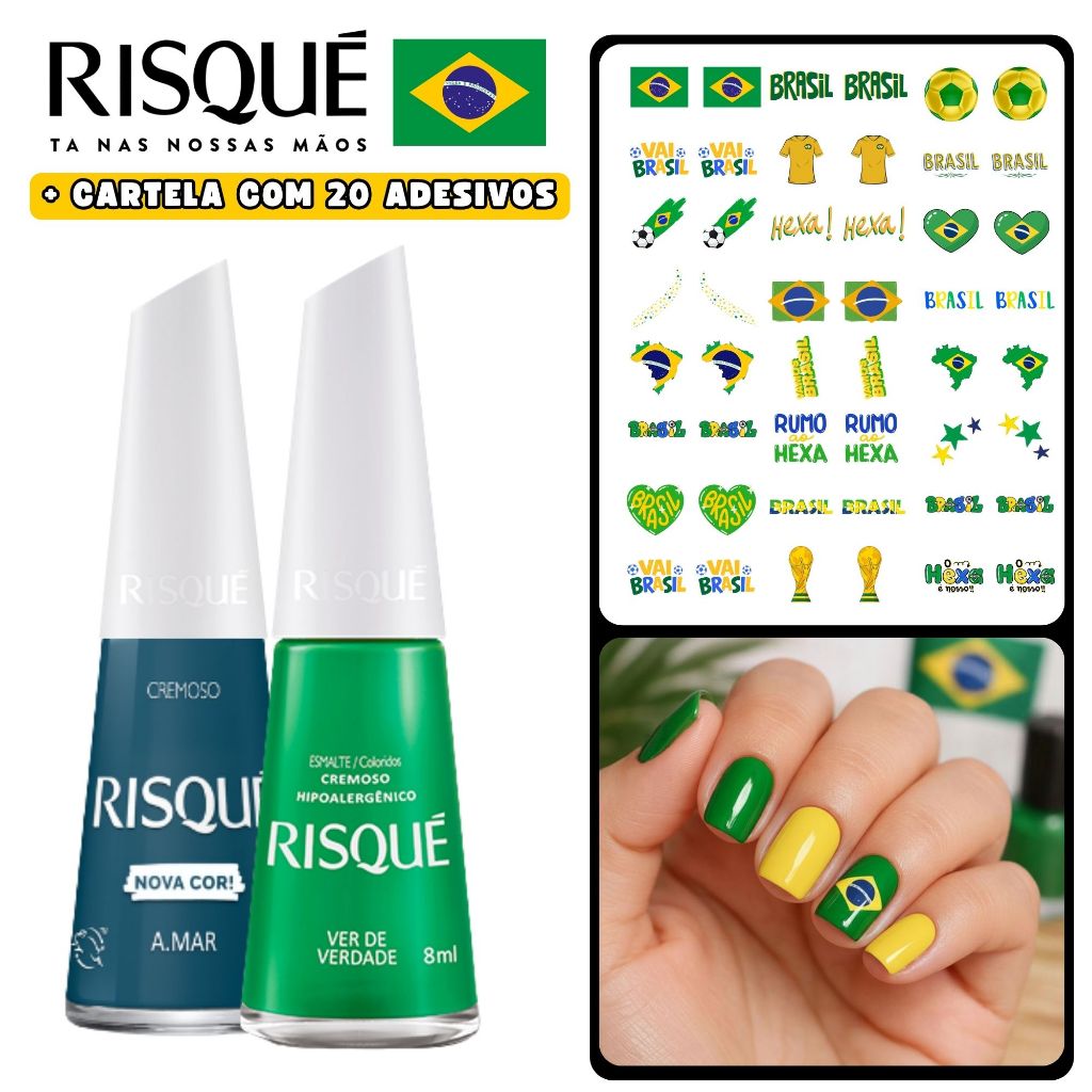 Kit 2 Esmaltes Risqué Azul e Verde + 20 Adesivos Brasil Copa 2026