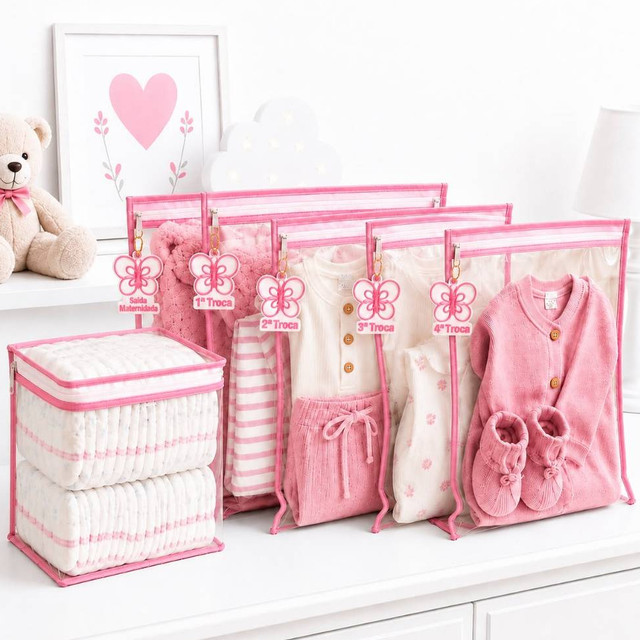 Kit 5 Saquinhos Bebe Gestante Organizador Mala Maternidade TAG + 1 Nécessaire Porta Fraldas