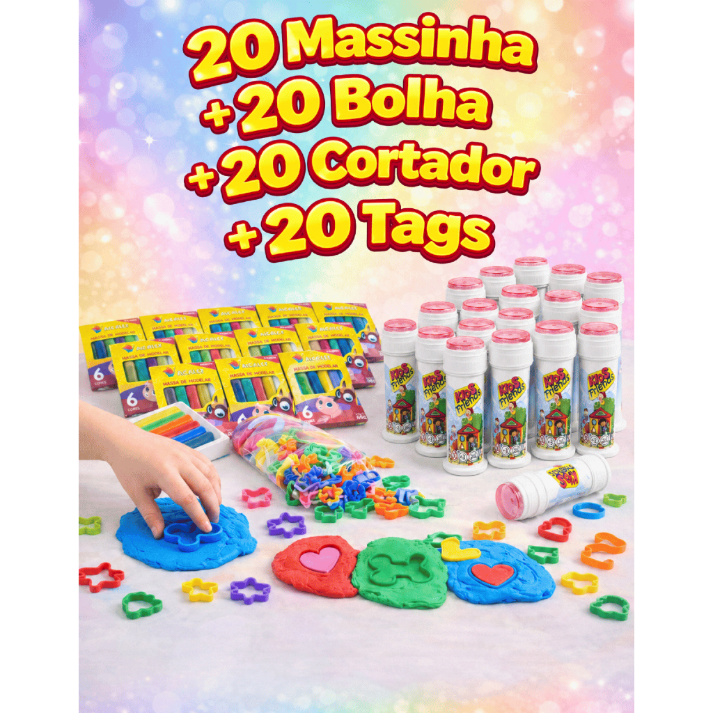 Kit 20 Cx Massinha de Modelar + 20 Bolha de Sabão + 20 Cortador + 20 tag Festa Lembrancinhas de aniversário Infantil