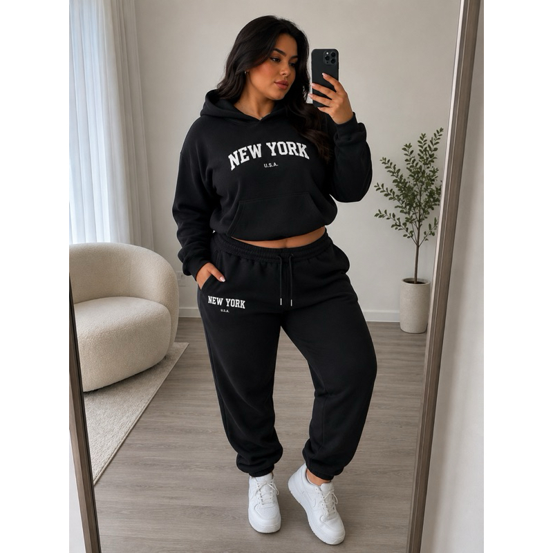 Conjunto Moletom Feminino New York Flanelado Inverno Agasalho Casaco Canguru Calça Jogger Unissex Quentinho