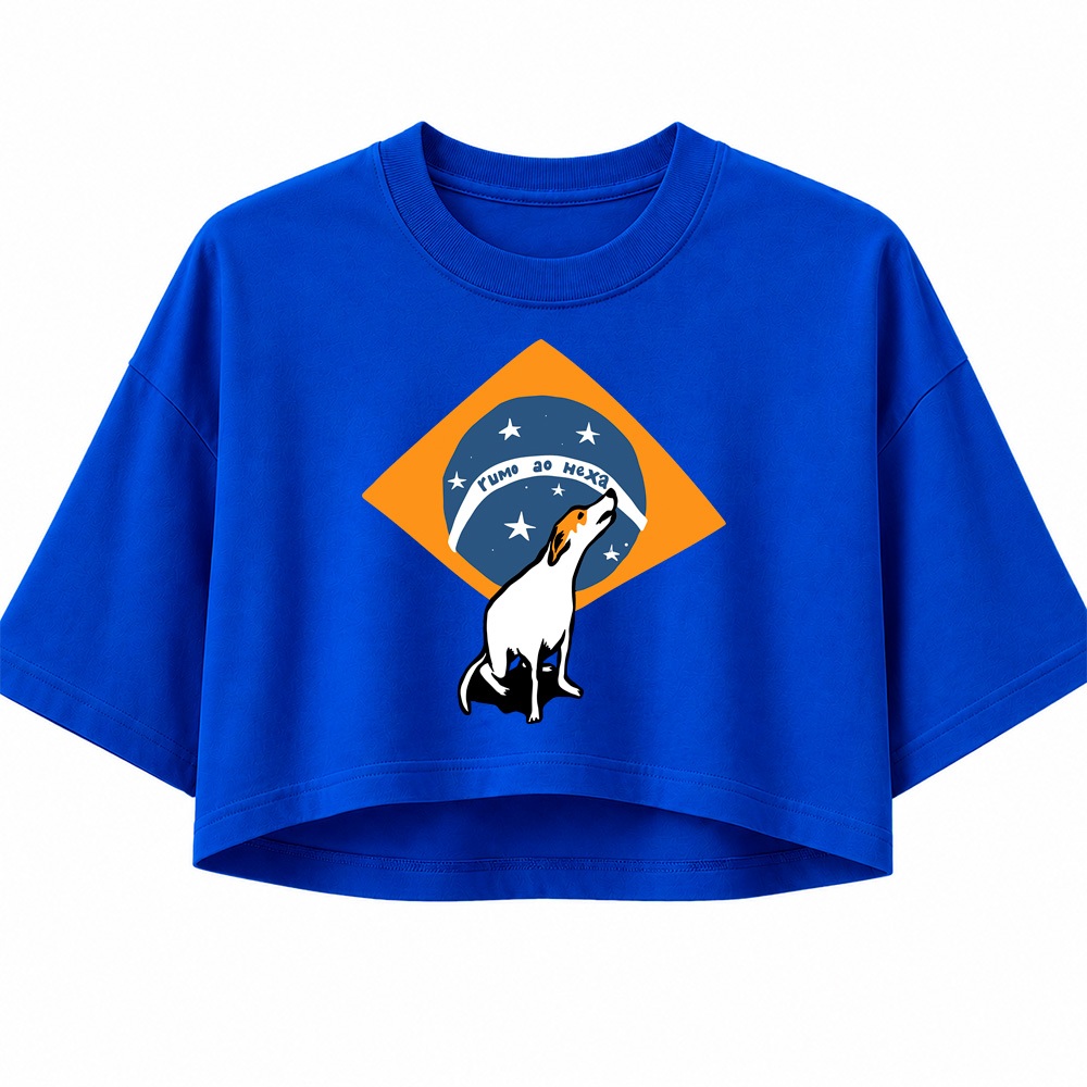 Cropped Feminino Rumo Ao Hexa Caramelo Brasil Copa Camisa Estampada DTF Estiloso Moda