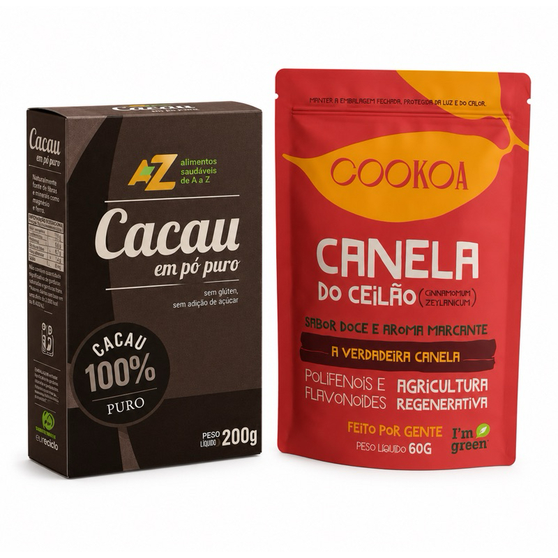 Kit Canela do Ceilão em Pó Pura 60g COOKOA + Cacau em Pó 100% AaZ Puro Sem Açúcar - Sem Glúten e Sem Lactose 200g