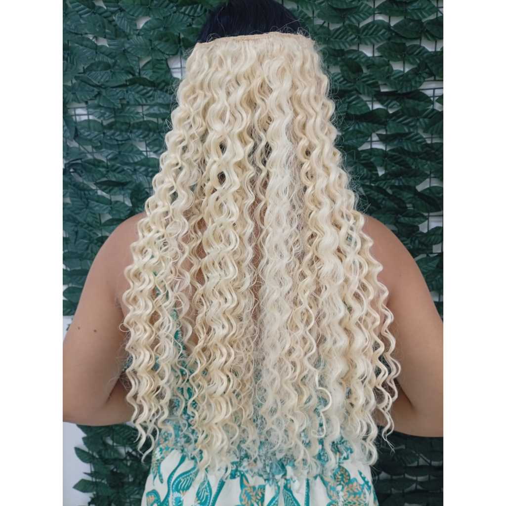 Aplique De Cabelo Tic Tac Bio Humano Cacheado Loiro Claríssimo 50cm 150grs
