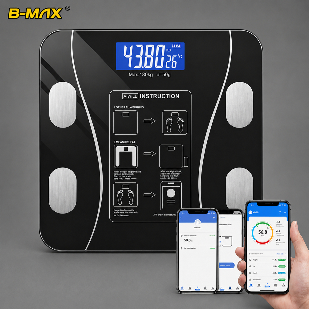 Balança Bioimpedância Digital Smart 180kg IMC Profissional Bluetooth Gordura Corporal Massa Muscular App B-Max BM-A15