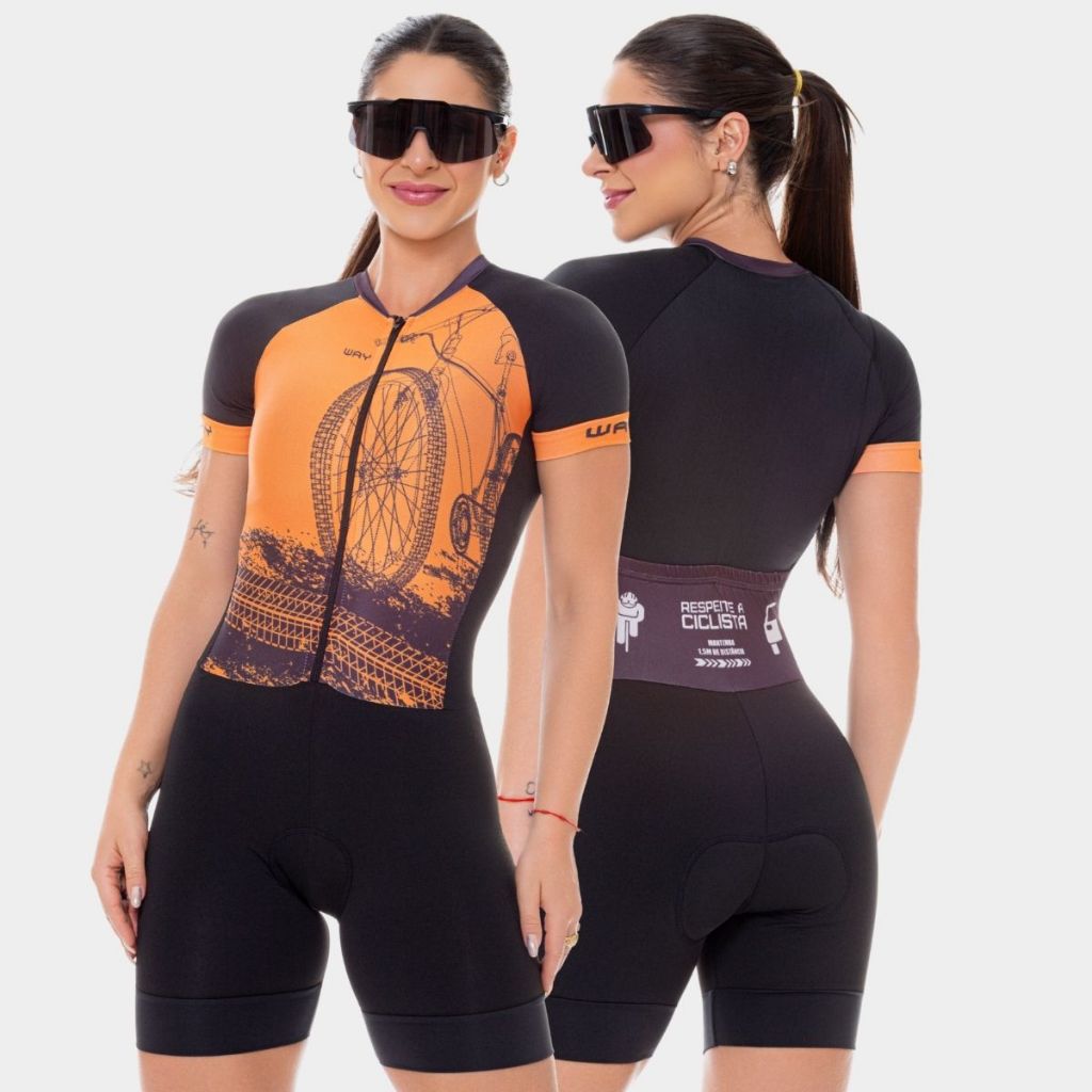Macaquinho Ciclismo Feminino Macacão Forro Espuma Bike Roda Laranja Roupa Pedal