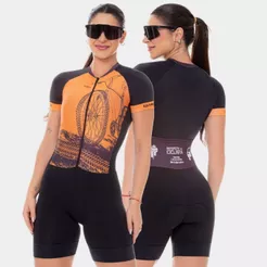 Macaquinho Ciclismo Feminino Macacão Forro Espuma Bike Roda Laranja Roupa Pedal Mtb