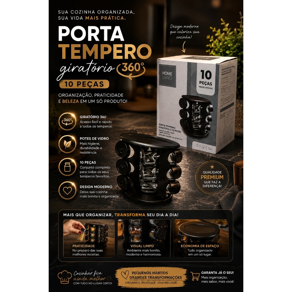 Porta Temperos Giratório 360° com 9 Potes de Vidro e Base Organizadora Kit 10 Peças CHARMOSO — imagem 2 de 2