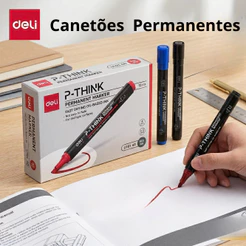 Kit 6 Canetões Permanentes Deli P-Think 2-5mm Preto Azul Vermelho Ponta Redonda ou Quadrada