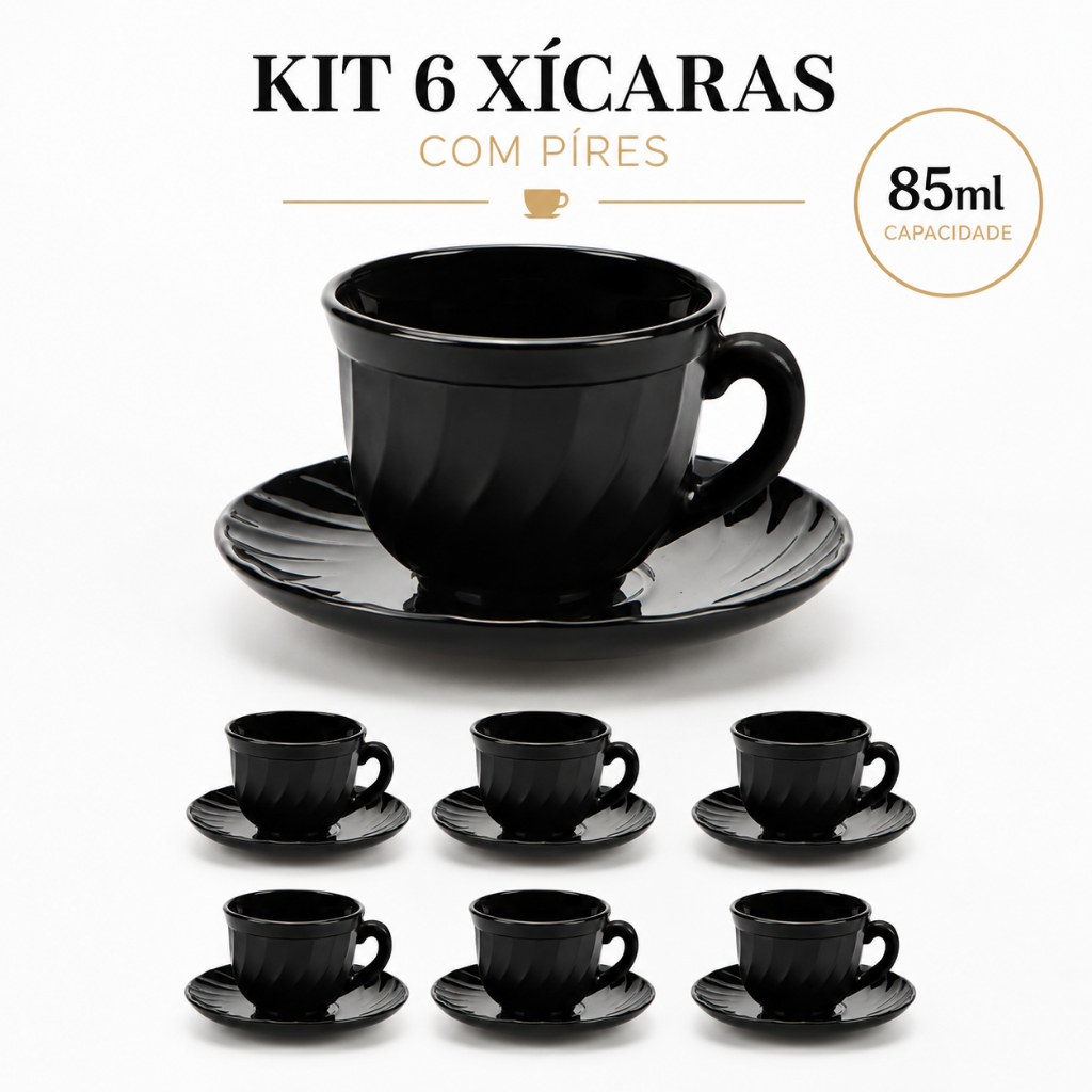 Jogo de Xícara com Pires 12 Peças Cha e Café Vidro Trabalhado Preto 85ml Decorada Luxo Louça Moderna