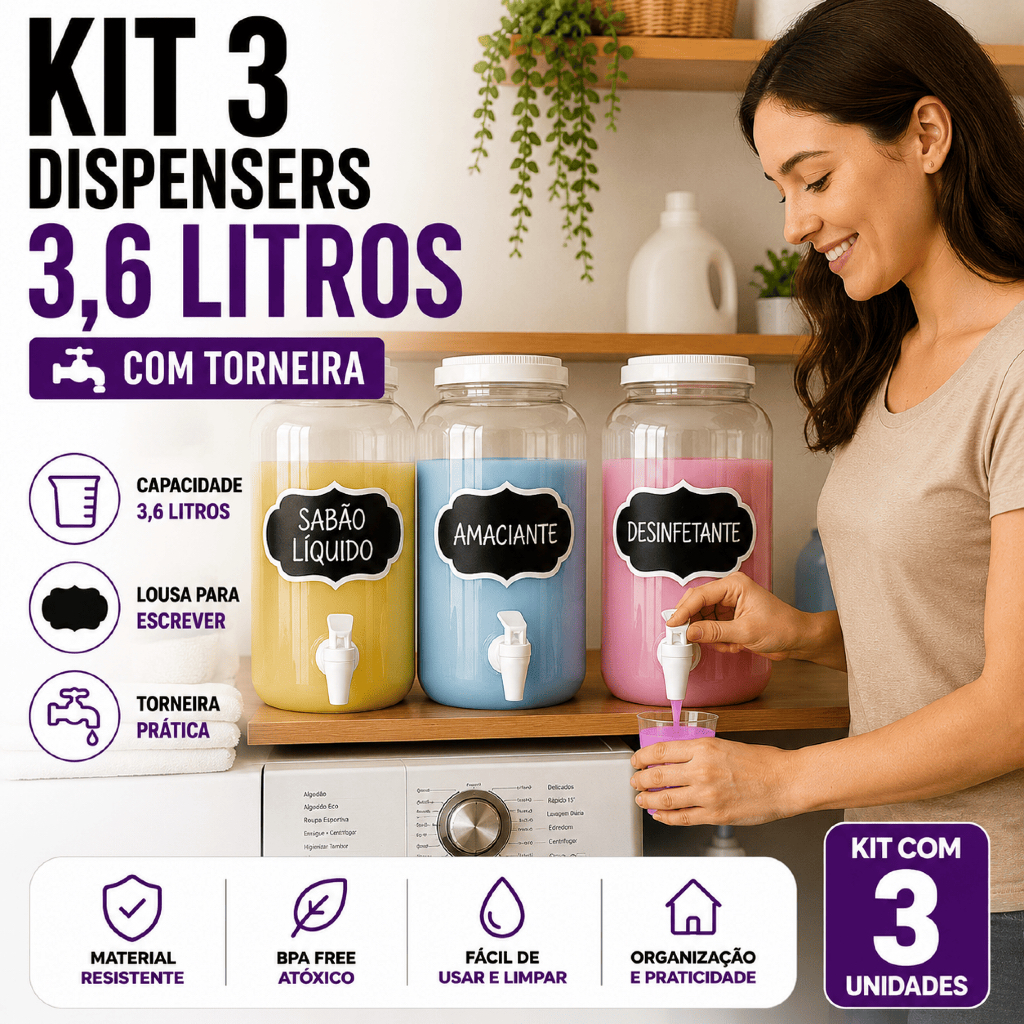 Kit Conjunto 3 Porta Amaciante Sabão Liquido 3,6 Litros Com Tampa e Torneira Limpeza Amaciante