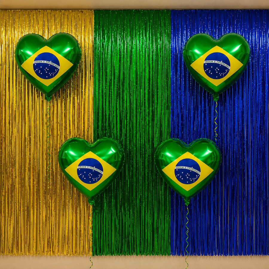 Kit Decoração Brasil Copa do Mundo Cortinas Metalizadas + Balões Bandeira do Brazil Azul Amarelo e Verde