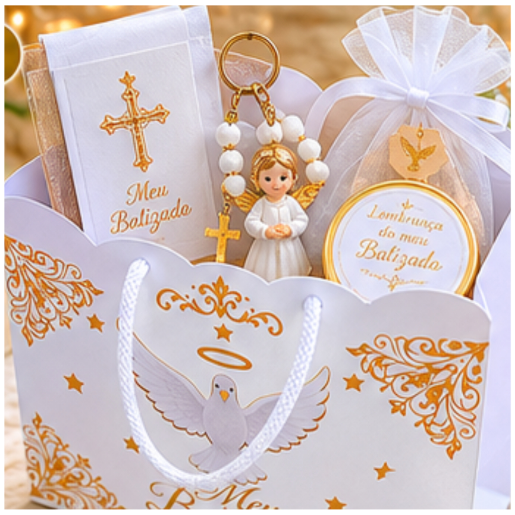 KIT Sacolinha Batizado para Lembrancinhas - MONTE EM CASA - IDEAL PARA BATIZADO, PRIMEIRA COMUNHÃO, CRISMA, EUCARISTIA