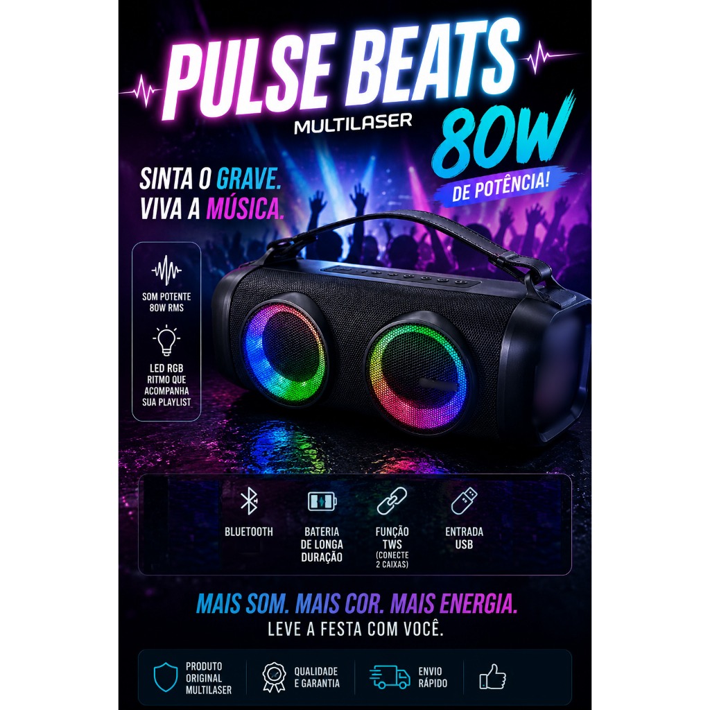 Caixa de Som Pulse Beats Bazuca 80W Graves Potentes Bluetooth LED TWS Multilaser