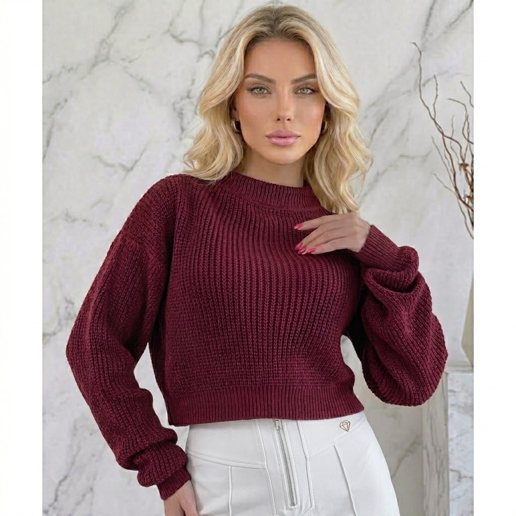 Blusa Cropped Tricô Fang Manga Longa Estilosa Inverno Caimento Comforto Perfeito Feminino