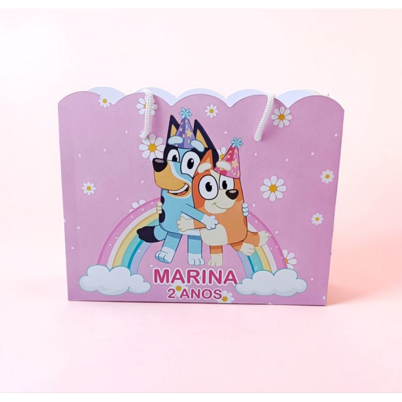 Sacolinha personalizada Bluey e Bingo rosa menina pegue e monte aniversário festa infantil sacola papel lembrancinha