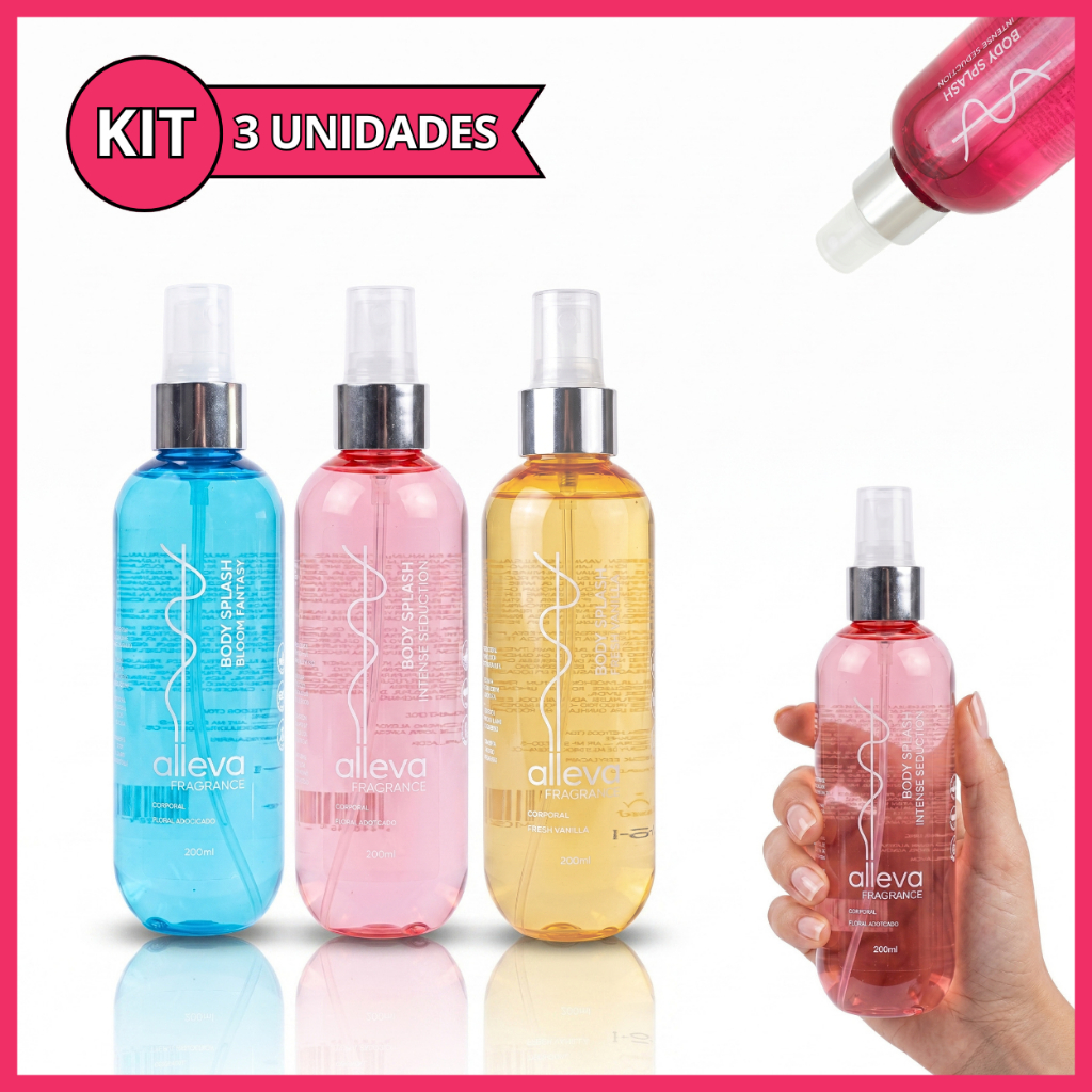 Kit 3 Body Splash Feminino Fragrância Floral Adocicado Refrescante Perfume Corporal Alleva 200ml