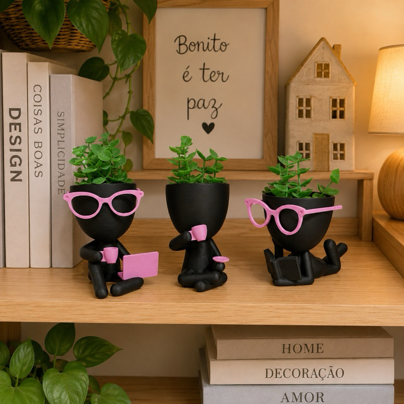 kit 3 mini vaso de planta Decorativo artificia 3D Robert Lendo Tomando café com notbook Cozinha sala banheiro casa — imagem 2 de 2