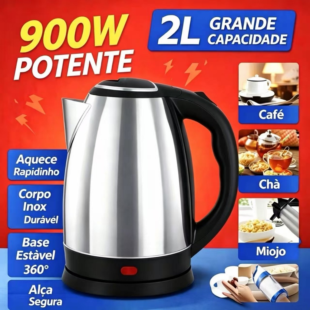 Chaleira Elétrica Inox 2L 900W para Café Chá e Leite Potente e Segura 110V lm comercial