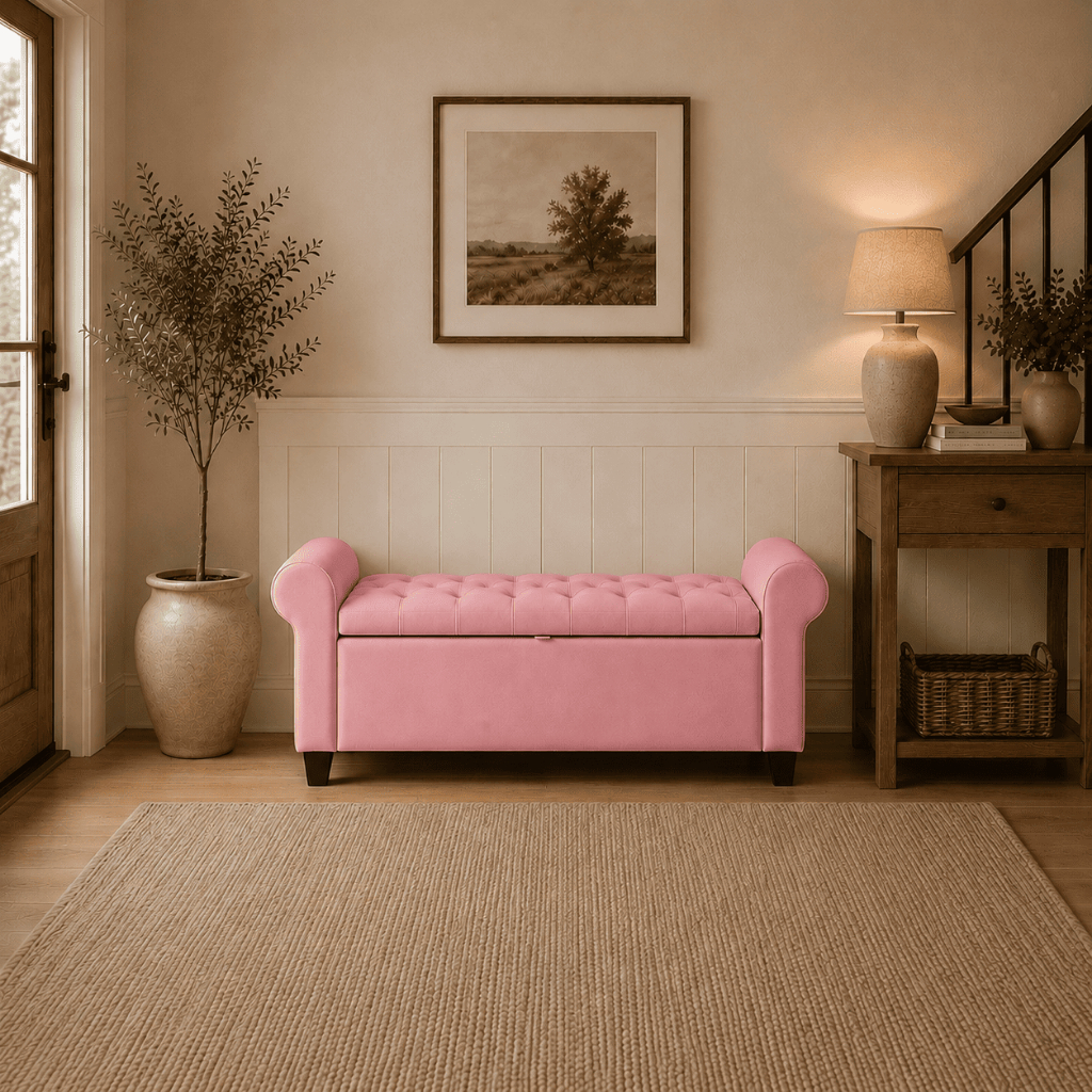 Baú Puff Recamier Milão 90cm Banco Estofado Multiuso Sapateira Organizador Espaçoso Quarto Casal Luxo Cor Rosa Envio Ful