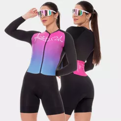 Macaquinho de Ciclismo Feminino Macacão Forro Espuma Acolchoado Manga Longa Roupa Bike Pedal Mtb